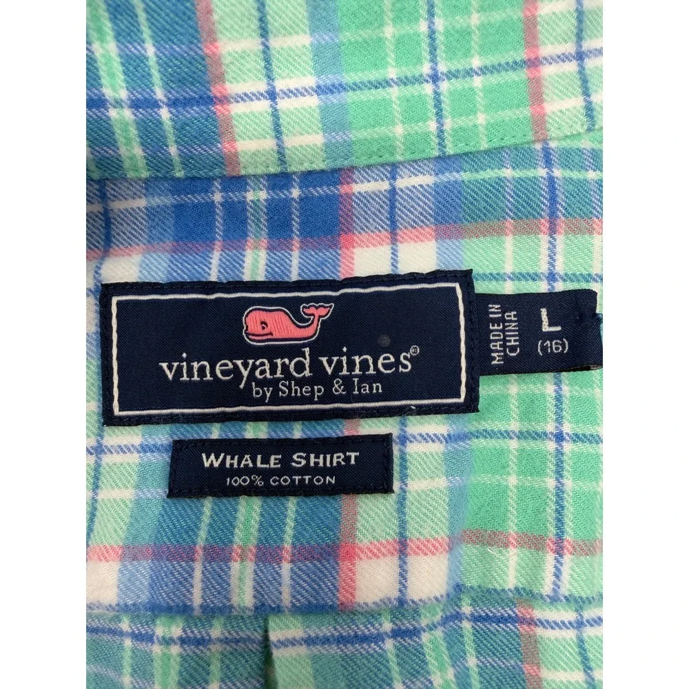 Vineyard Vines Button Down Shirt Boys Large 16 Blue Green Plaid Whale
